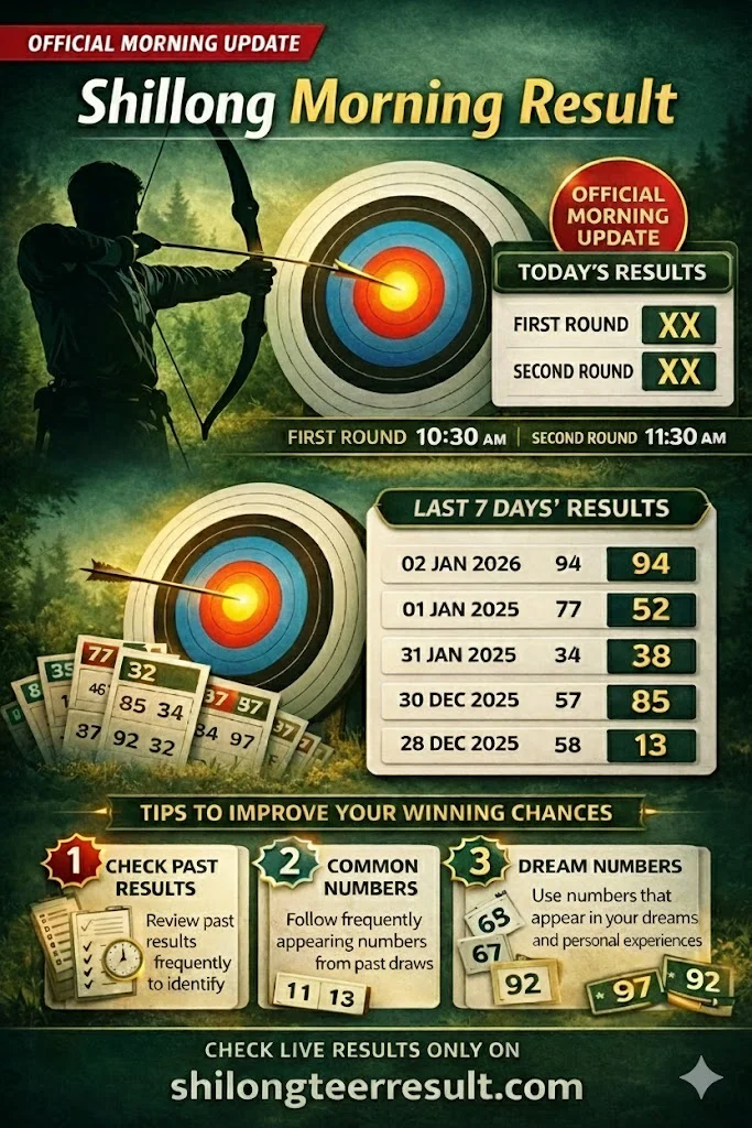 Shillong Morning Teer Result Today | 4April 2026 (100% Success) 2 Infographic for Shillong Morning Teer Result featuring archery imagery. It includes placeholders for today's results (10:30 AM and 11:30 AM), a table of past results, and tips to improve winning chances.