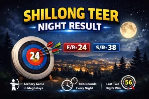 Digital graphic showing Shillong Teer Night Result with archery target, arrows, and live results F/R: 24, S/R: 38 over Shillong city at night.