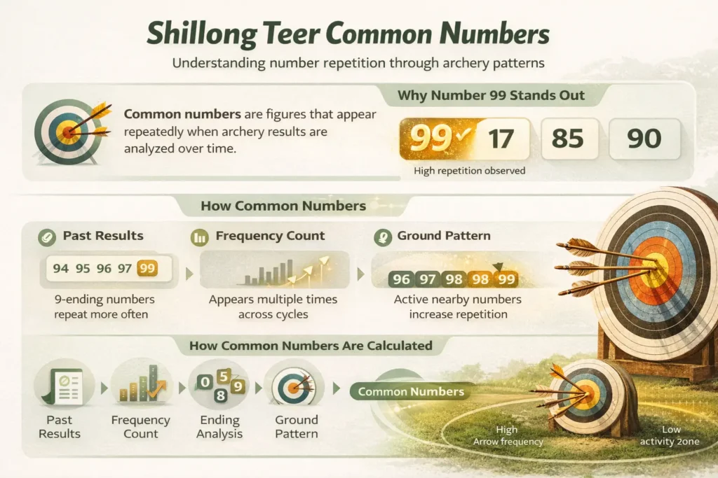 Today Shillong Teer Common Number 20-3-2026 2 Infographic explaining Shillong Teer common numbers, highlighting number 99 as a high-repetition value, showing common numbers like 17, 85, and 90, the calculation process using past results, frequency count, ending analysis, and archery ground patterns that influence number repetition.